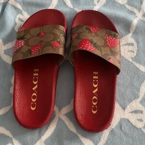 Coach Red Slides with Strawberry Print
